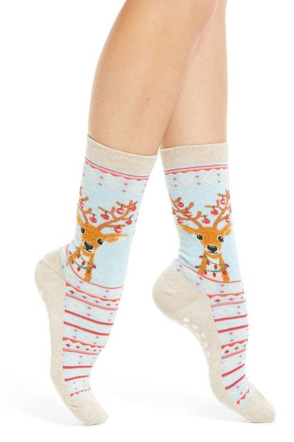 Hot Sox Fuzzy Reindeer Nonskid Socks