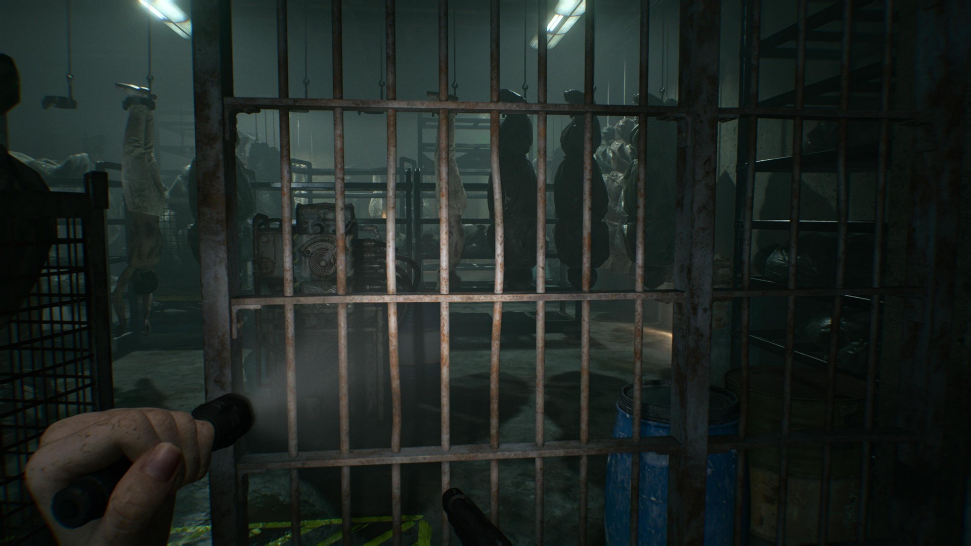 Body bags rotate on a rail in Resident Evil Requiem's care center basement