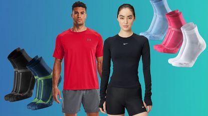A man and woman stand next to each other in running apparel with running socks around them