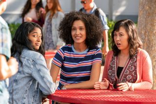 From left: Maitreyi Ramakrishnan, Lee Rodriguez and Ramona Young in Never Have I Ever.