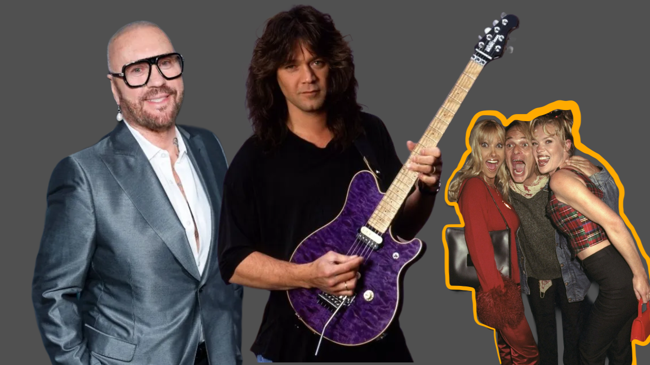 A comped shot of Desmond Child, Eddie Van Halen and Dave Lee Roth with two women, looking like he's interrupting them.
