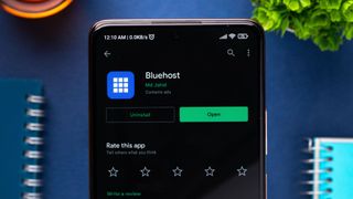 Bluehost logo on phone screen stock image.
