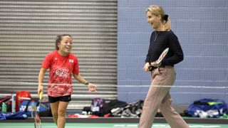 Sophie Wessex laughing as she plays tennis