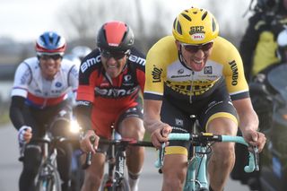 Sep Vanmarcke leads Greg Van Avermaet as they chase the leaders.