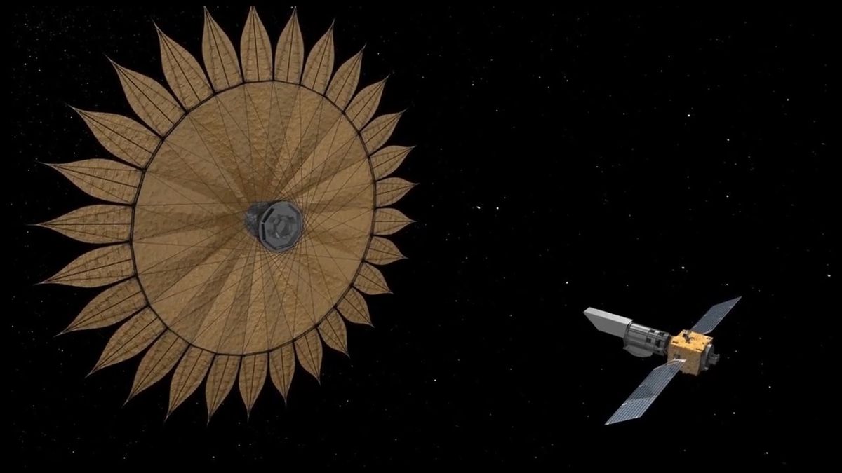 An artist&#039;s depiction of a sunflower-shaped starshade that could help space telescopes find and characterize alien planets.