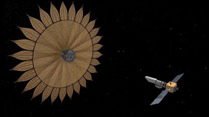 An artist's depiction of a sunflower-shaped starshade that could help space telescopes find and characterize alien planets.