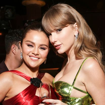 Selena Gomez wears a bright red gown and Taylor Swift wears a glittering green dress