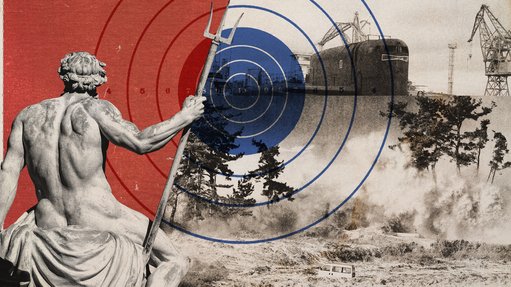 Photo collage of a marble sculpture of Poseidon, the nuclear submarine Khabarovsk, a tsunami wave crashing into trees and washing a car away, and a target bullseye.