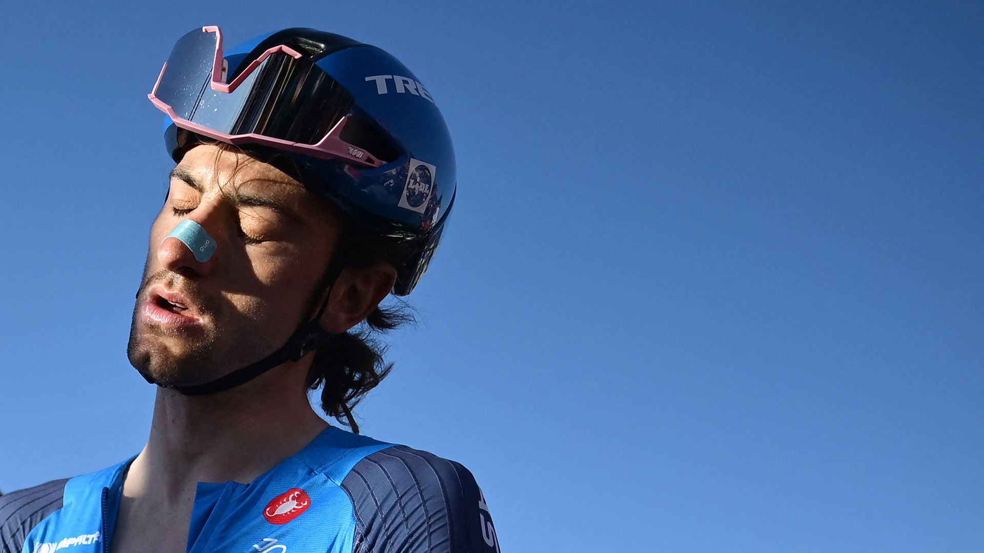 Cyclist Giulio Ciccone reacts after photo-finish analysis confirms he crossed the finish line to place second in the Elite Men's Road Race of the UEC European Road Cycling Championships in Sencur, near Ljubljana, Slovenia
