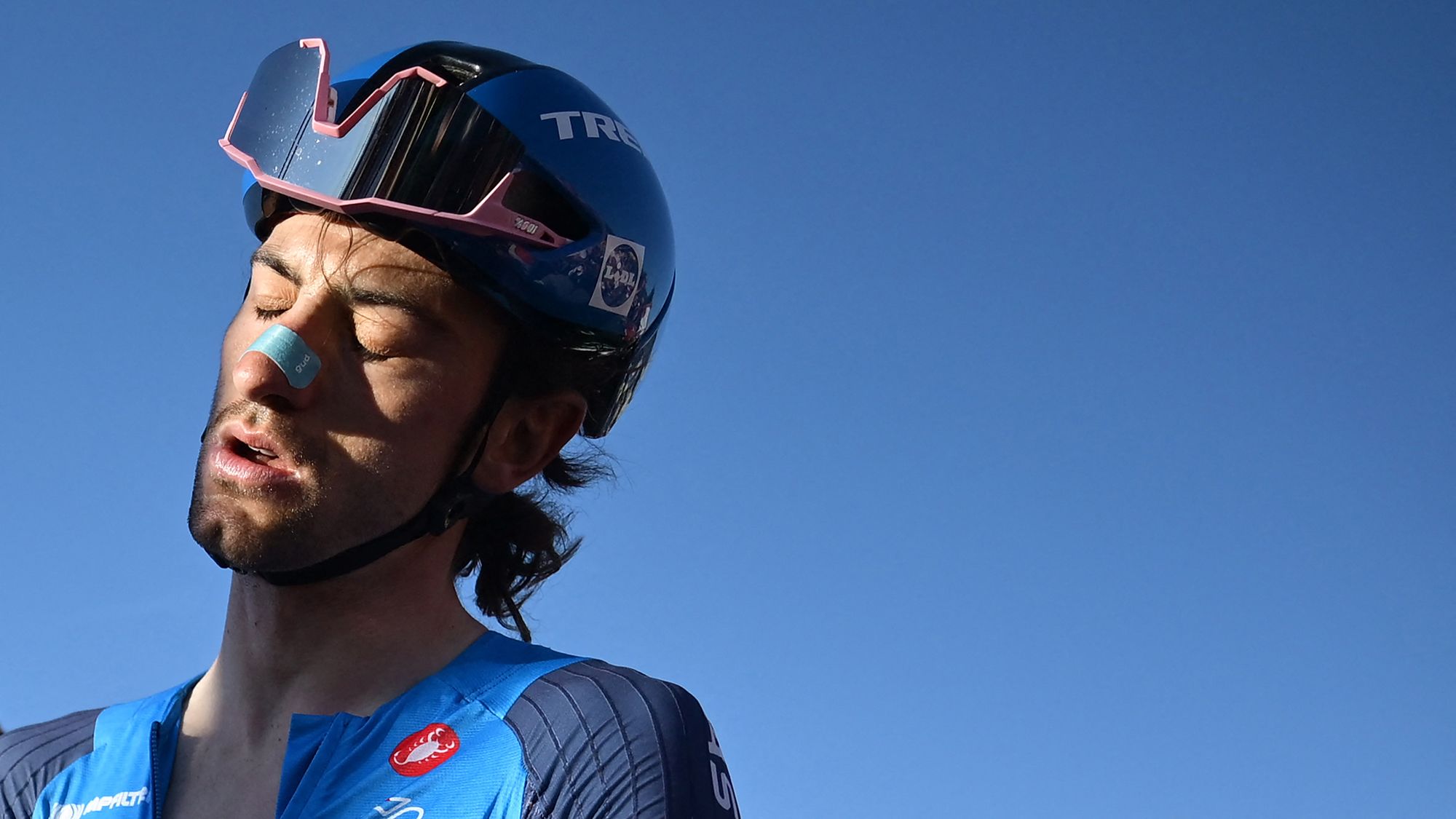 Cyclist Giulio Ciccone reacts after photo-finish analysis confirms he crossed the finish line to place second in the Elite Men's Road Race of the UEC European Road Cycling Championships in Sencur, near Ljubljana, Slovenia