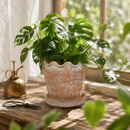 Winter Poetry Upgrade Wavy Rim Ceramic Planter, Terracotta Flower Pot, Plant Container With Drainage Saucer for Indoor Outdoor, 7.87in