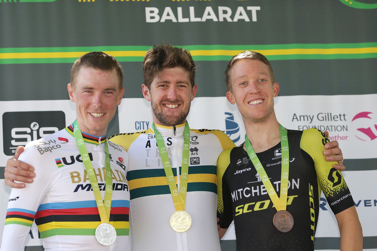 The elite men's Australian national time trial podium (l-r): Rohan Dennis (Bahrain-Merida), Luke Durbridge (Mitchelton-Scott) and Cameron Meyer (Mitchelton-Scott)