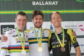 The elite men's Australian national time trial podium (l-r): Rohan Dennis (Bahrain-Merida), Luke Durbridge (Mitchelton-Scott) and Cameron Meyer (Mitchelton-Scott) 
