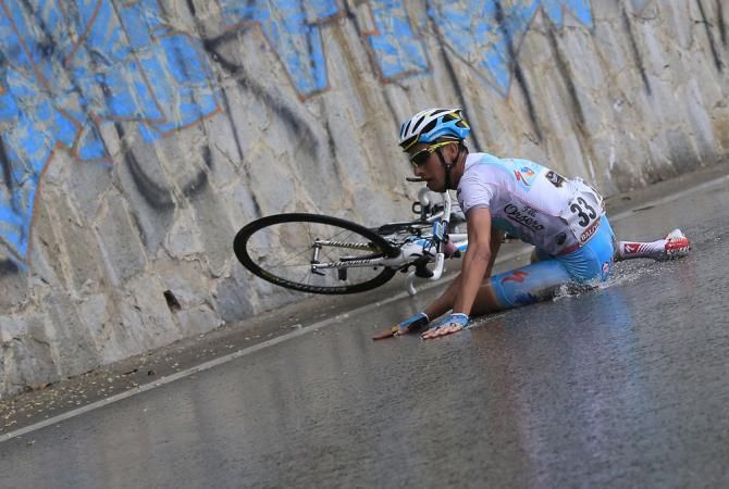 Fabio Aru (Astana) takes a tumble on the road to Pescara