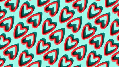 Repeated red heart shapes on the turquoise background