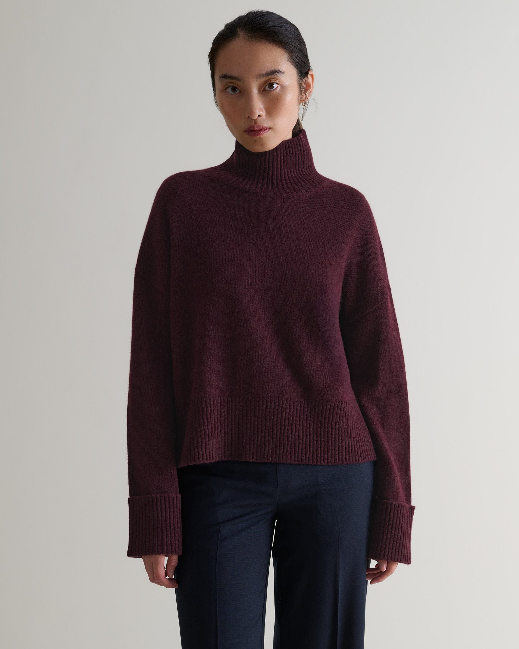 Oxblood Cashmere Merino High Neck Jumper | Rise &amp;amp; Fall