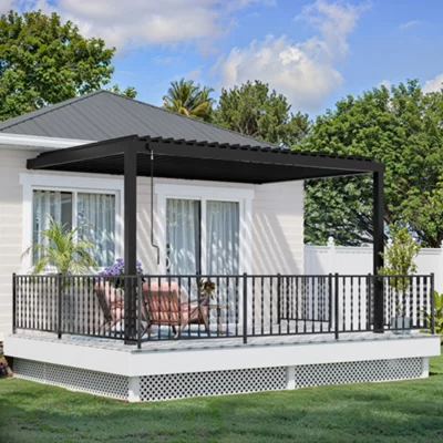 Backyard Discovery Evanston Wall Mounted Louvered Steel Outdoor Patio Pergola With Powerport 4.3m X 3m (14ft X 10ft)