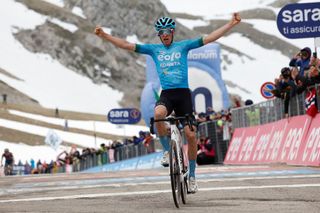 EOLOKometas Italian rider Davide Bais celebrates as he crosses the finish line to win the seventh stage of the Giro dItalia 2023 cycling race 218 km between Capua and Gran Sasso dItalia on May 12 2023 Photo by Luca BETTINI AFP Photo by LUCA BETTINIAFP via Getty Images