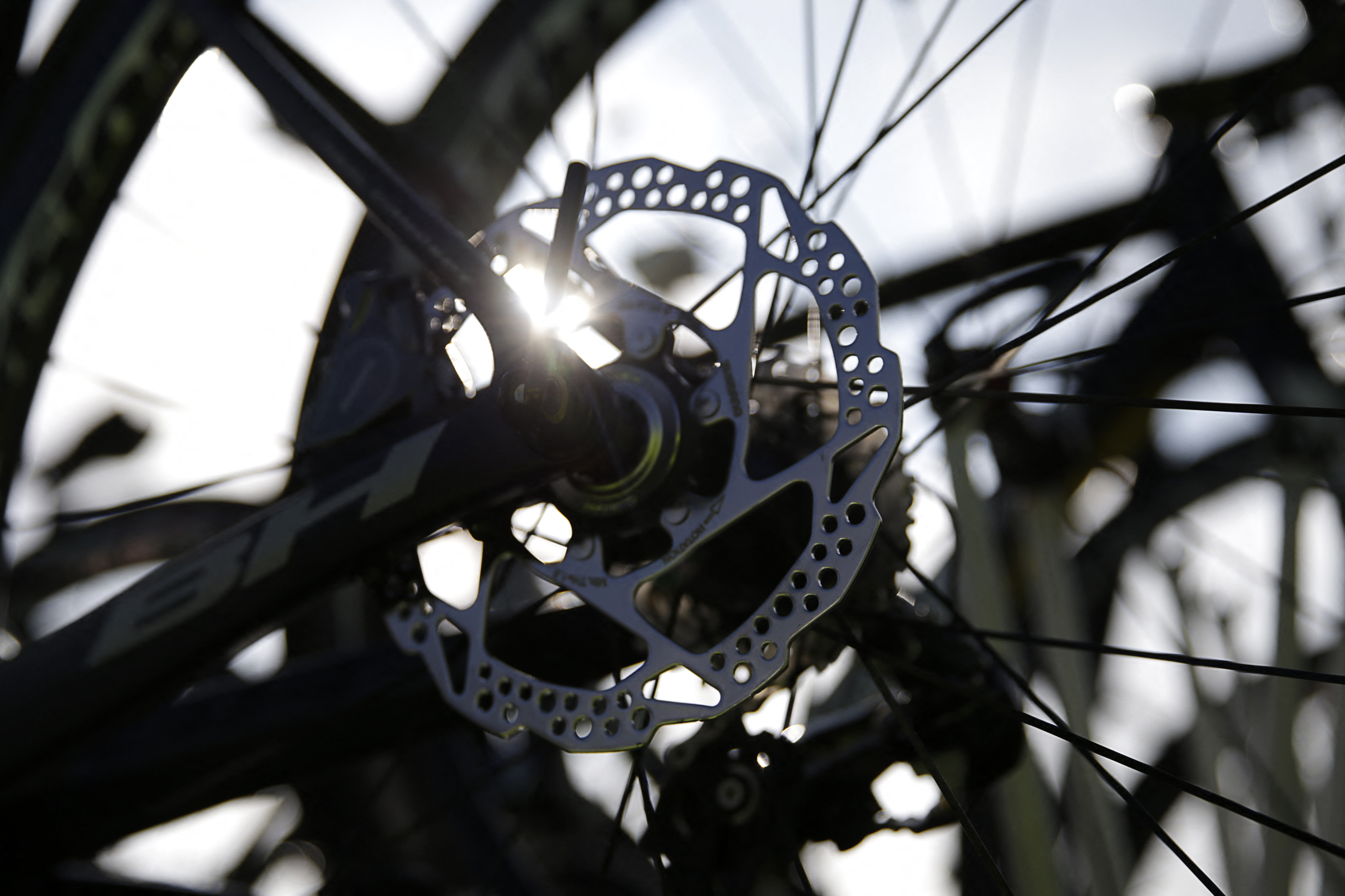 The disc brake of a bike of France's Direct Energie cycling team is pictured before the start of the 114th edition of the Paris-Roubaix (Photo by Kenzo TRIBOUILLARD / AFP)