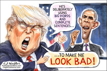 Political cartoon U.S. Trump Obama speech
