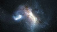 A bunch of white, blue and brownish swirls against a dot-speckled section of space.