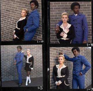 Composite of several shots of The Doctor (Ncuti Gatwa) and Ruby Sunday (Millie Gibson) posing in their 60s-inspired attire.
