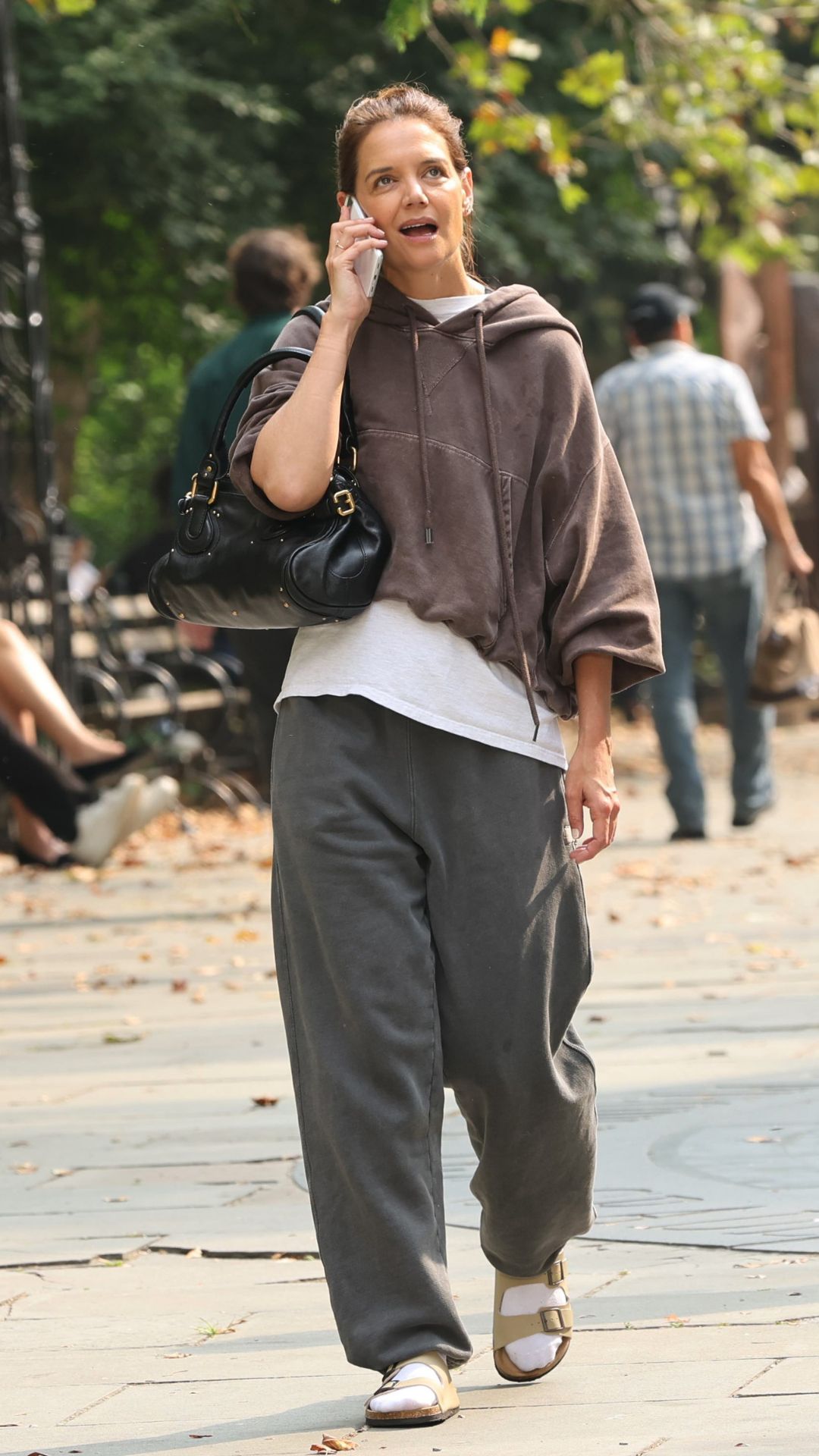 Katie Holmes wearing the Arizona Flex Platform sandals from Birkenstock's Papillio collection