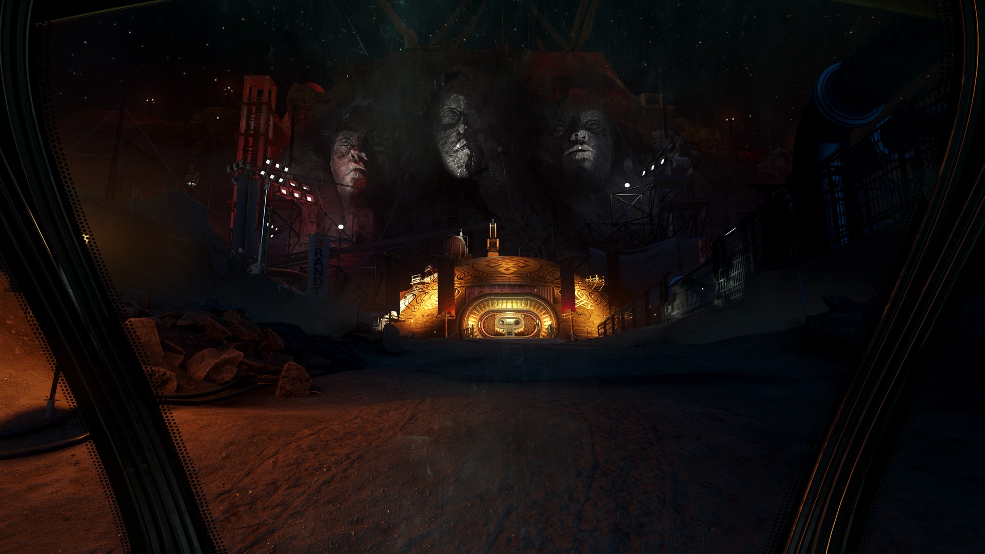 The player approaches the moon hotel in Ontos, seeing the domed entrance through the sheen of their space suit visor. Above the glowing yellow dome are three faces carved into the rock, mimicking the aesthetic of Mount Rushmore