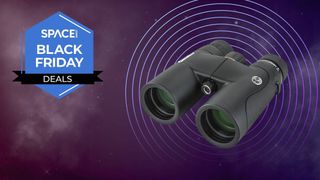A pair of Celestron Nature DX ED 8x42 binoculars in front of a space background.