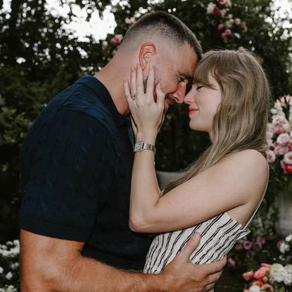 Taylor Swift and Travis Kelce getting engaged in a botanical garden
