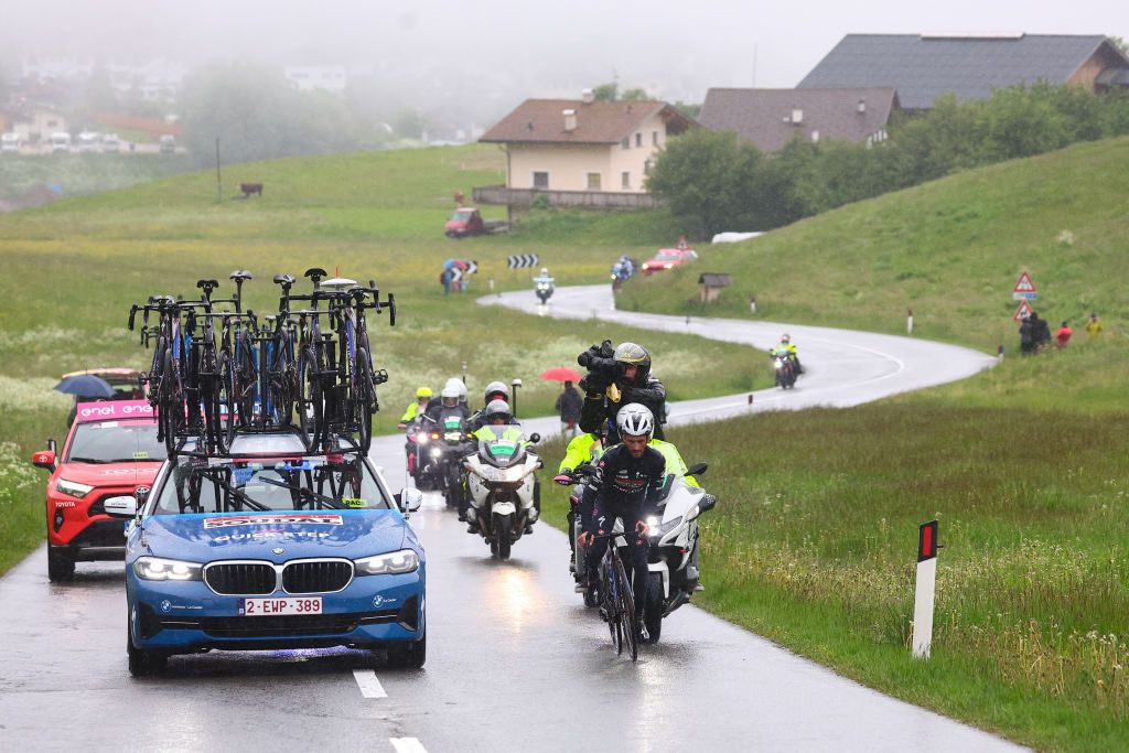Team Soudal-Quick Step's French rider Julian Alaphilippe rides in a breakaway during the 16th stage of the 107th Giro d'Italia cycling race, 206km between Livigno and Santa Cristina Val Gardena on May 21, 2024. (Photo by Luca Bettini / AFP)