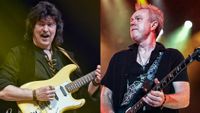 LEFT: Ritchie Blackmore onstage with Rainbow perform, April 18, 2018 in Berlin, Germany. RIGHT: Simon McBride of Deep Purple performs at RBC Amphitheatre on August 18, 2026 in Toronto, Ontario. 