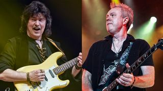 LEFT: Ritchie Blackmore onstage with Rainbow perform, April 18, 2018 in Berlin, Germany. RIGHT: Simon McBride of Deep Purple performs at RBC Amphitheatre on August 18, 2026 in Toronto, Ontario.
