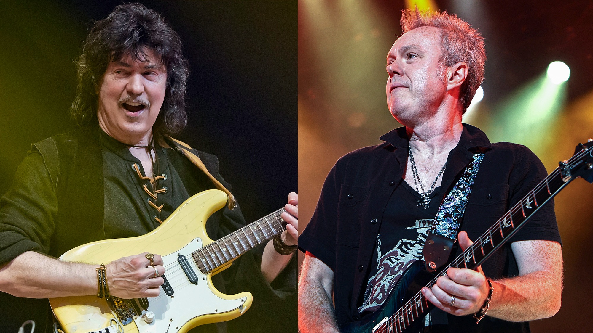 LEFT: Ritchie Blackmore onstage with Rainbow perform, April 18, 2018 in Berlin, Germany. RIGHT: Simon McBride of Deep Purple performs at RBC Amphitheatre on August 18, 2026 in Toronto, Ontario. 