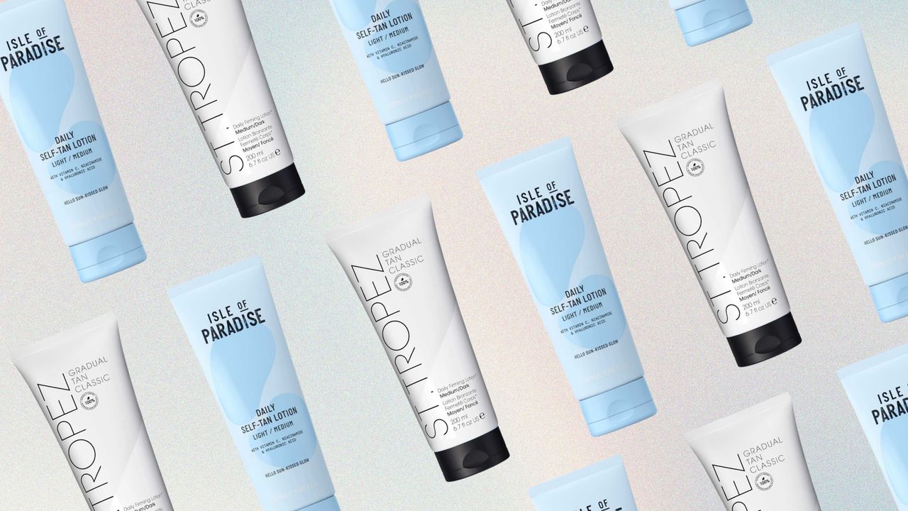 Collage of two of the best gradual tans featured in this guide from St Tropez and Isle of Paradise set at an angle and repeated against a pastel 