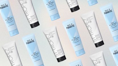 Collage of two of the best gradual tans featured in this guide from St Tropez and Isle of Paradise set at an angle and repeated against a pastel 