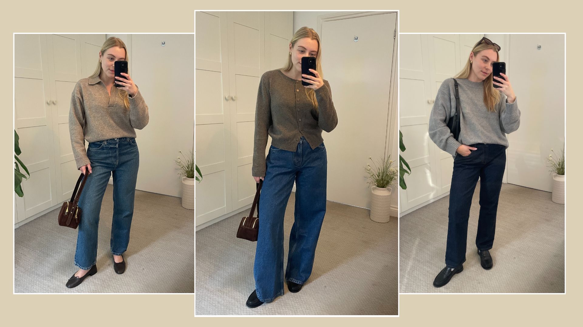 Woman wears beige polo, blue jeans and ballet flats; woman wears taupe cardigan, blue jeans and loafers; woman wears grey jumper, blue jeans and loafers