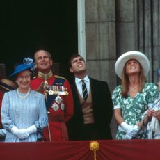 Queen Elizabeth, Prince Philip, Prince Andrew, Sarah Ferguson on the balcony of Buckingham Palace