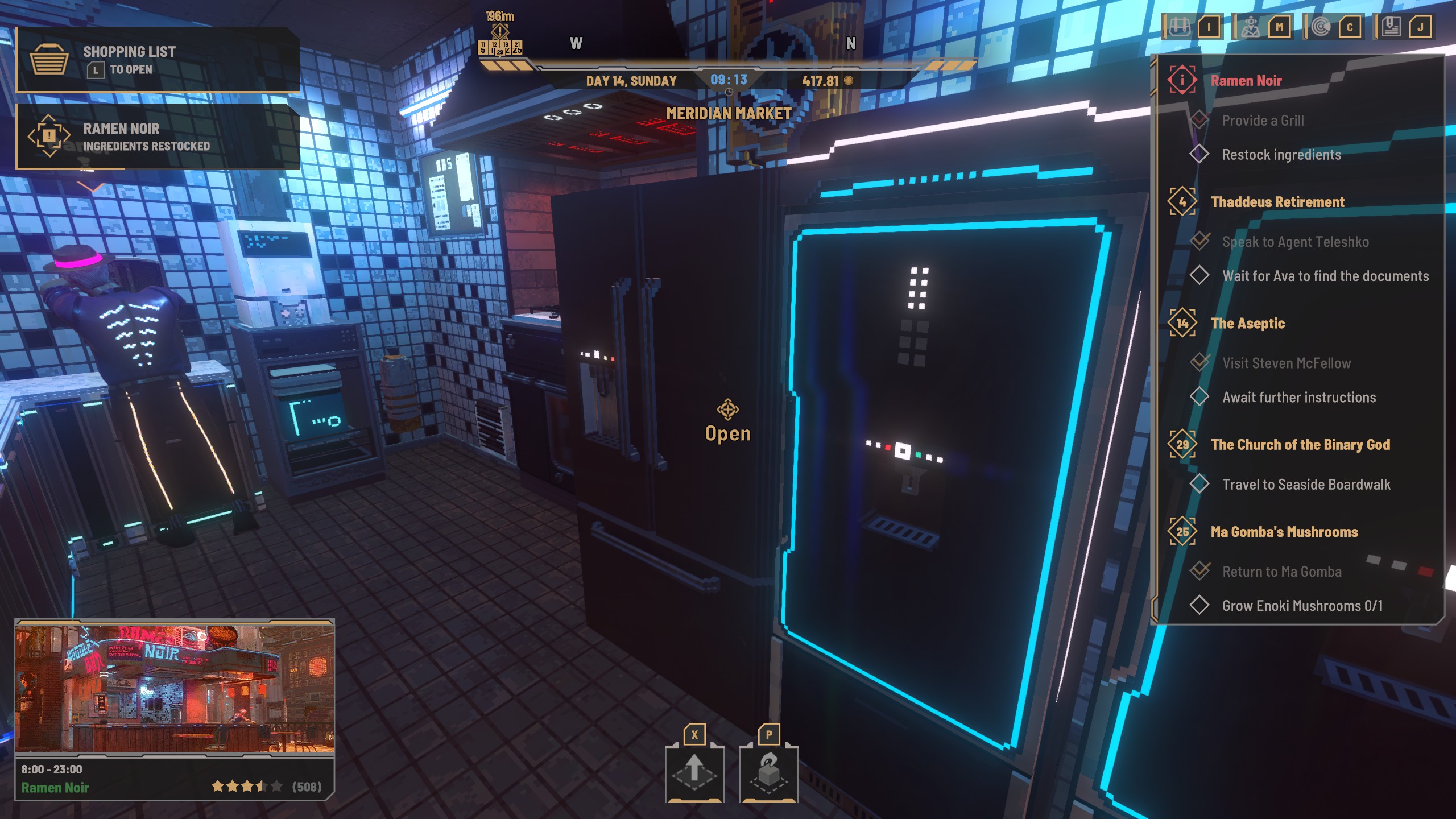 Nivalis Nights - A stolen black fridge next to a glowing neon blue fridge.