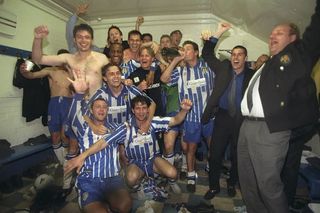 13 May 1998: Colchester United players celebrate after the Nationwide League Division Three play-off against Barnet at Layer Road Ground in Colchester, England. Colchester won the match 3-1. \ Mandatory Credit: Gary M Prior/Allsport