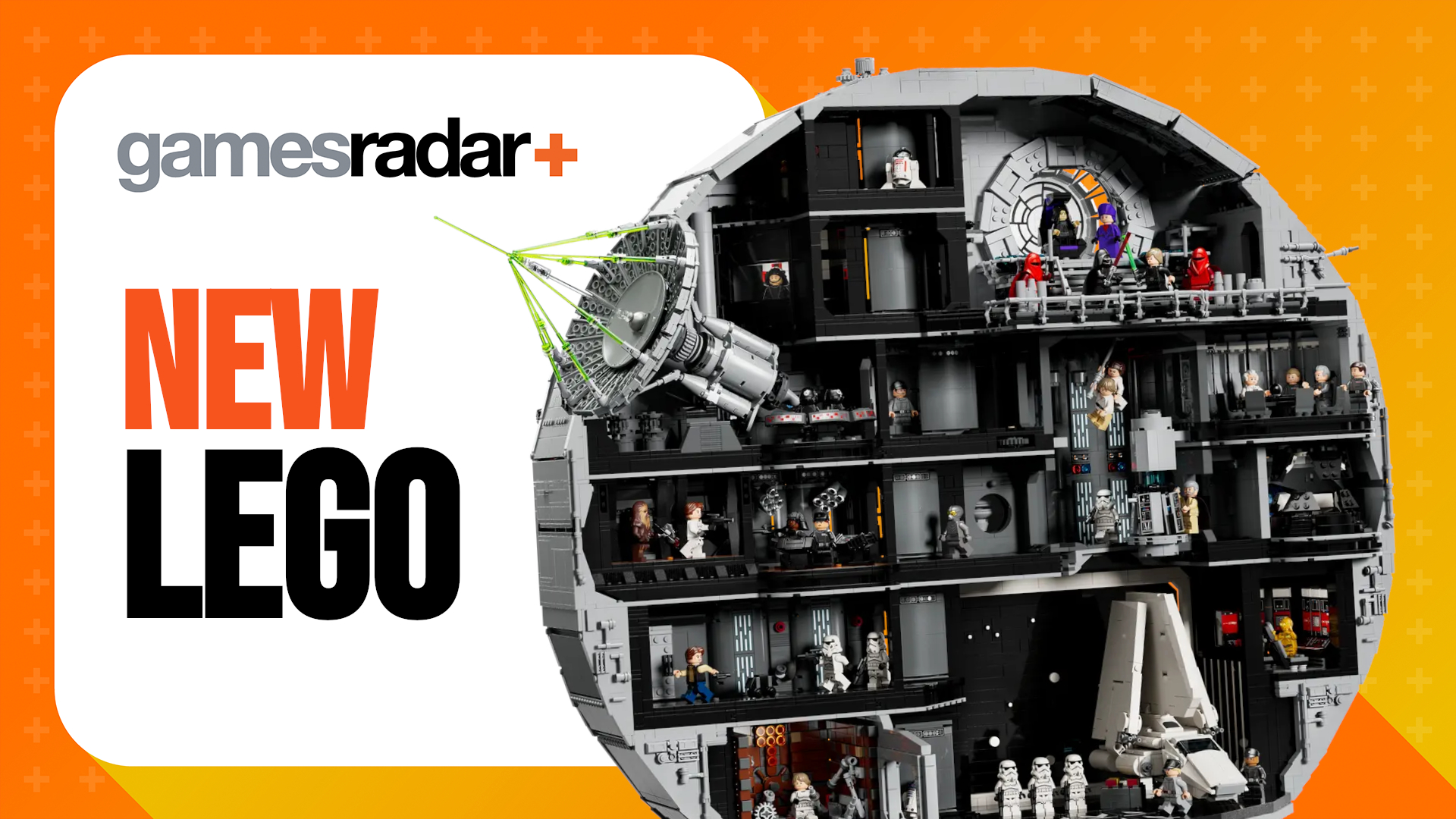 GamesRadar+ logo and &#039;new Lego&#039; text on a white and orange background, with a Lego Death Star set beside it