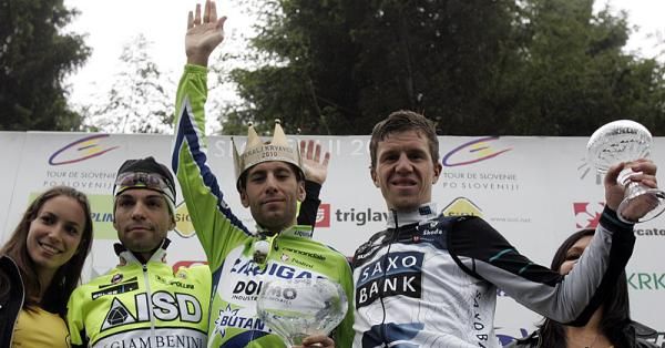 The stage 3 podium (l-r): Giovanni Visconti, Vincenzo Nibali and Chris Anker S&ouml;rensen.