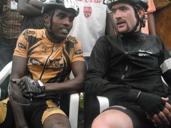 UCI Continental Center teammates Tsgabu Grmay, left, and stage four winner Dan Craven.