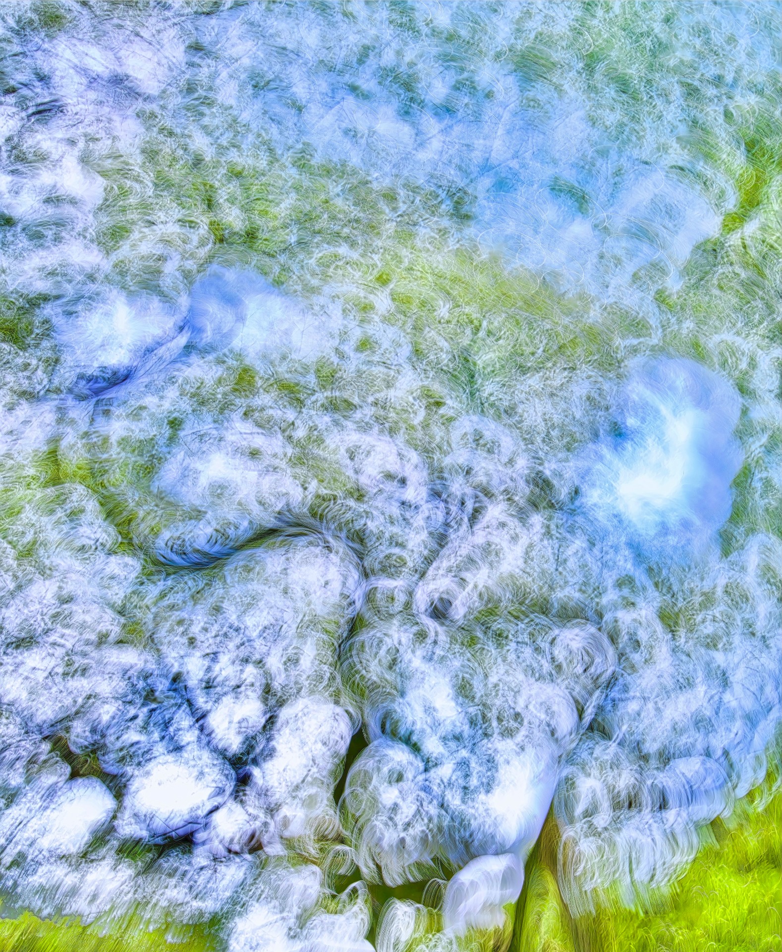An ethereal, high-key abstract of swirling white and soft blue patterns that mimic clouds or foam, layered over a vibrant, lime-green textured background.