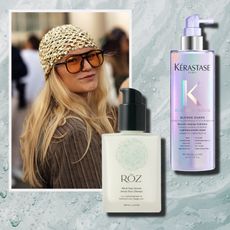 a blonde woman wearing sunglasses and a bandana on a blue background next to a white and a purple bottle of leave-in conditioner