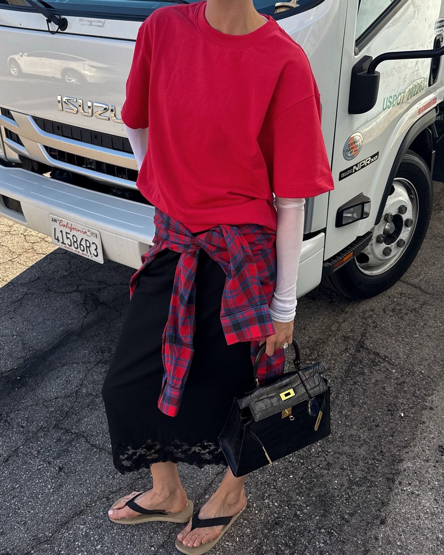 Elsa Hosk wears checkered shirt fall trend outfit.