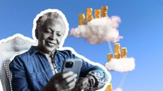 Lady looking at phone with coins floating on clouds in background