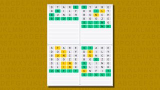 Quordle daily sequence answers for game 623 on a yellow background