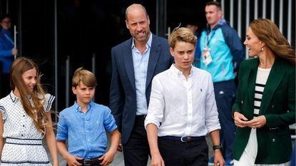 Prince William, Catherine, Princess of Wales, Prince George, Princess Charlotte and Prince Louis arrive for the Glasgow 2026 Commonwealth Games at The Hydro on August 1, 2026