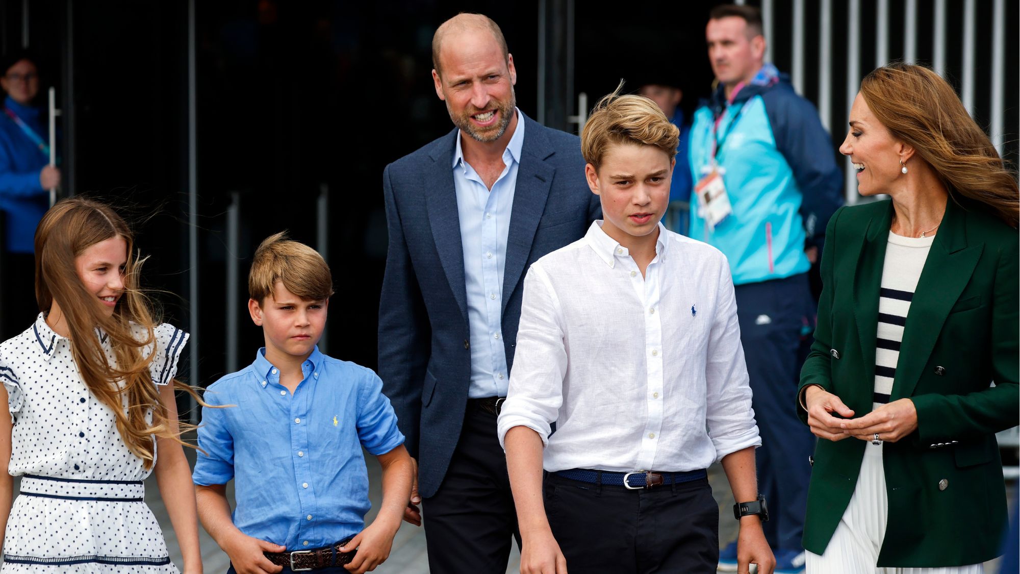 Prince William, Catherine, Princess of Wales, Prince George, Princess Charlotte and Prince Louis arrive for the Glasgow 2026 Commonwealth Games at The Hydro on August 1, 2026
